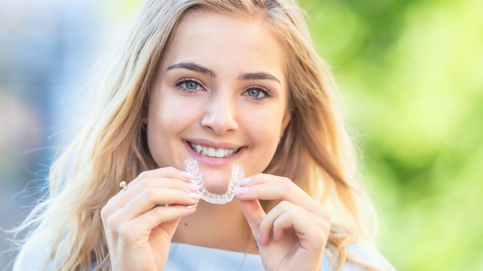 Smiling Woman Holding Clear Aligners