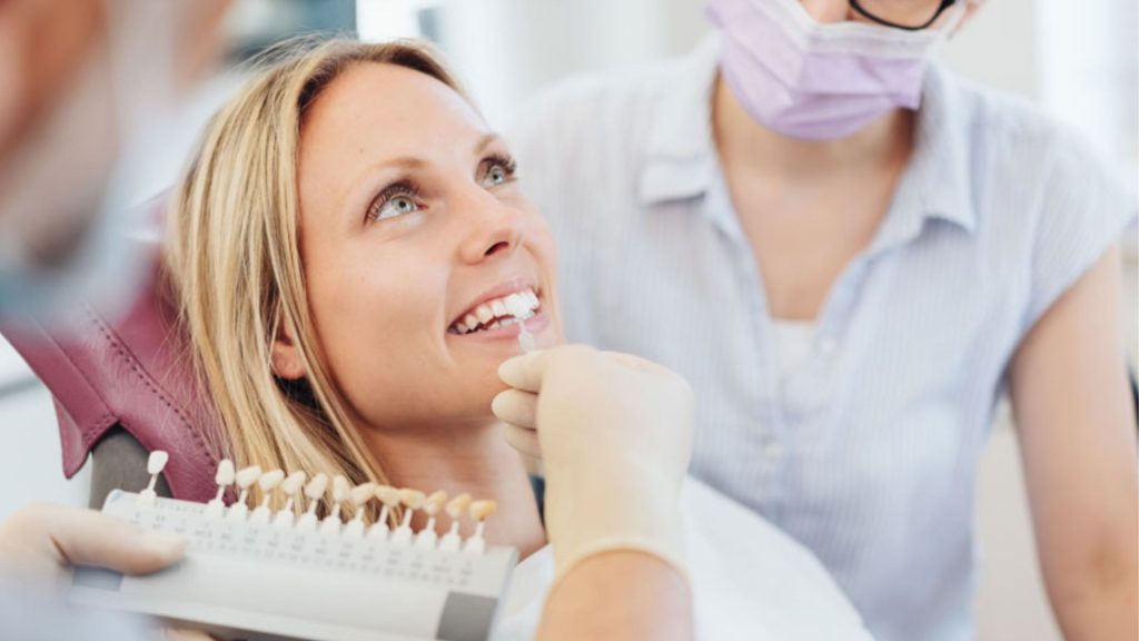 Patient Choosing Dental Veneer Shade